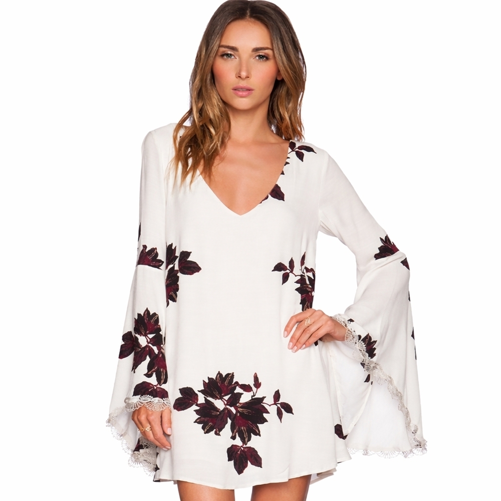 Free People Coachella Boho Bell Sleeve Floral Top Cream Black Flowy Festival